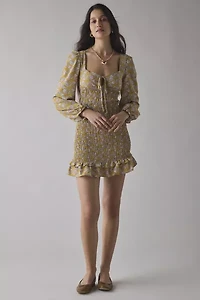 Glamorous Ochre Floral Long Sleeve Ruched Ruffle Hem Mini Dress
