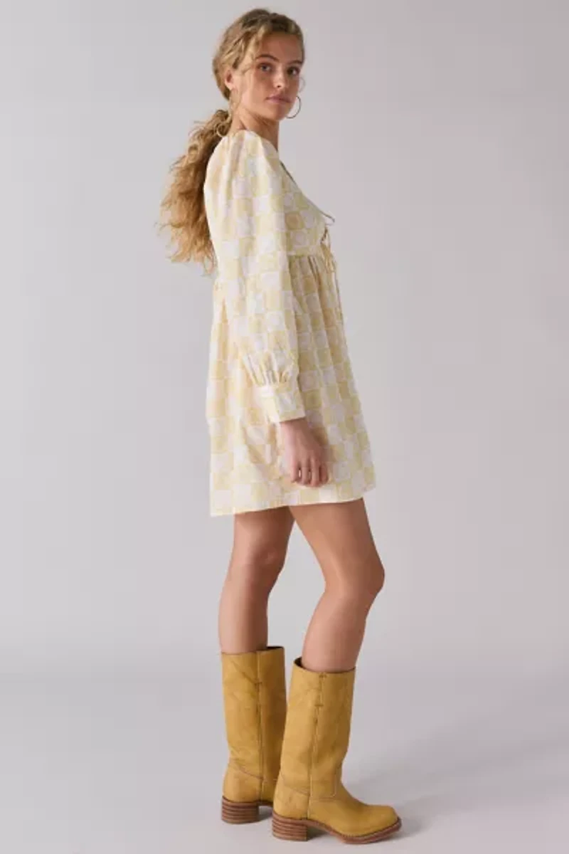 Glamorous Sunflower Check Tie-Front Babydoll Mini Dress