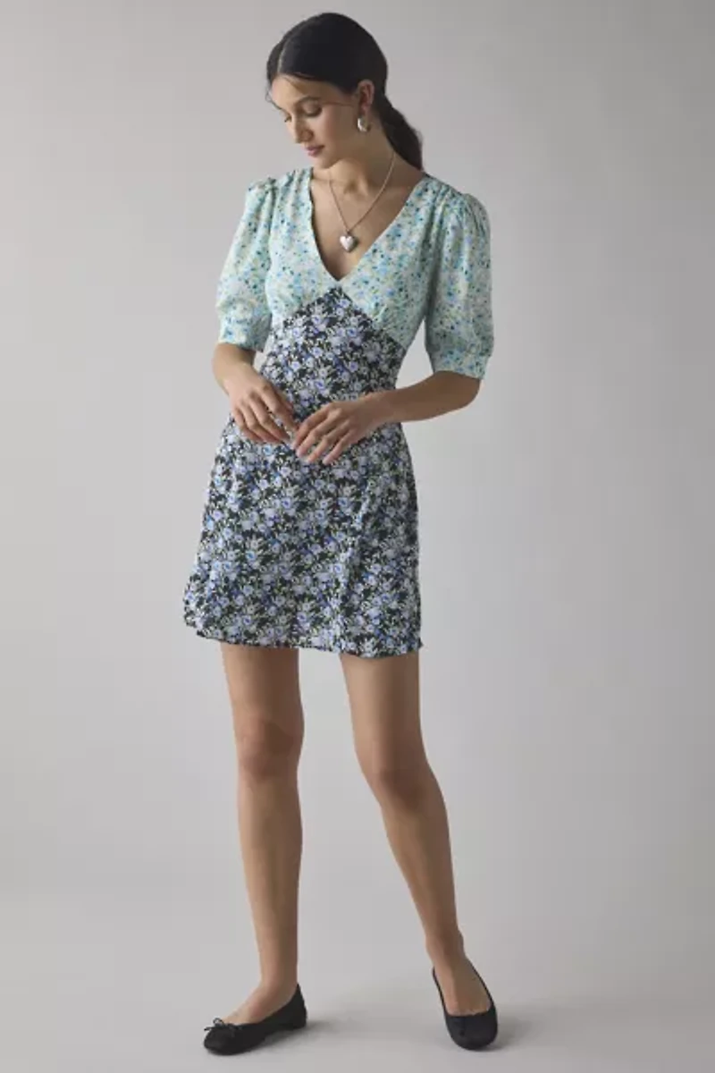 Glamorous Patchwork Floral Puff Sleeve Babydoll Mini Dress