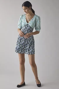 Glamorous Patchwork Floral Puff Sleeve Babydoll Mini Dress