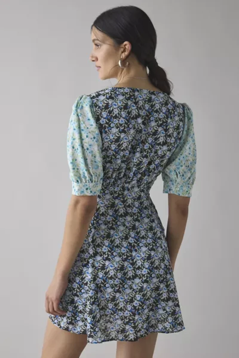 Glamorous Patchwork Floral Puff Sleeve Babydoll Mini Dress