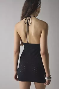 Glamorous Semi-Sheer Cotton Knit High Neck Halter Mini Dress