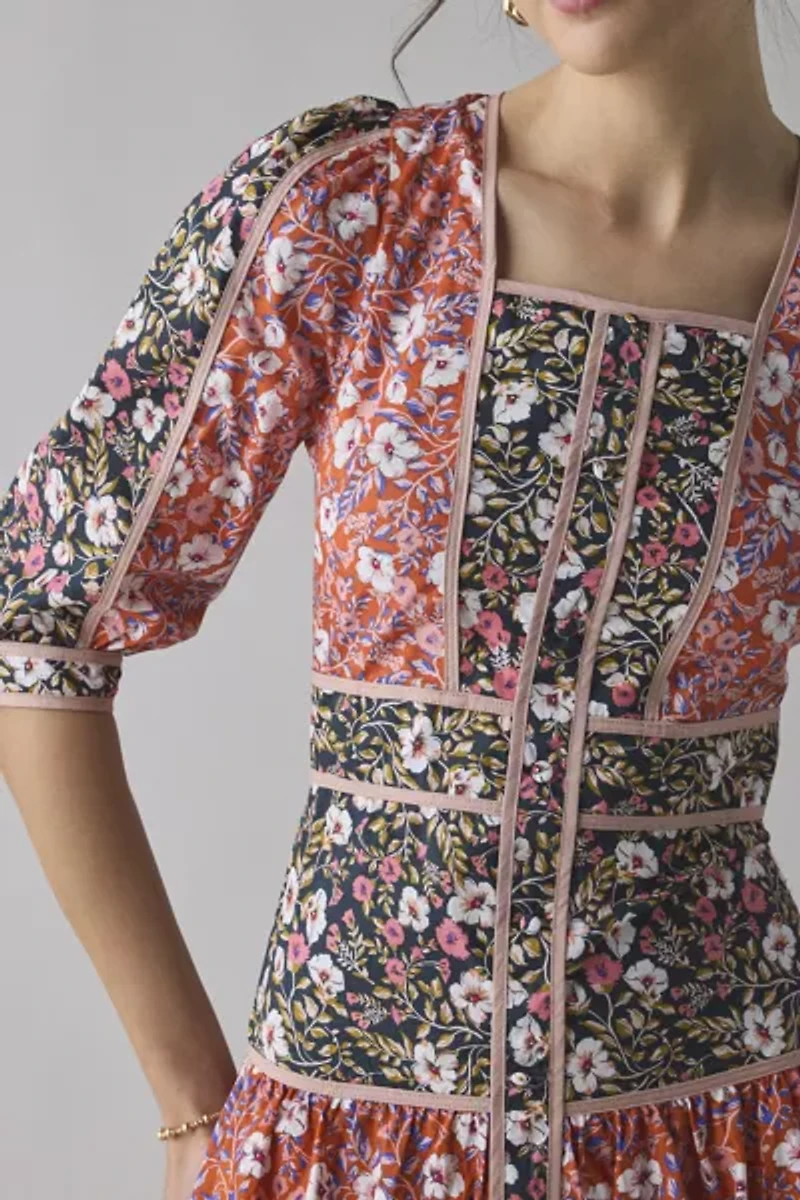 Glamorous Mixed Vintage Floral Square Neck Tiered Midi Dress