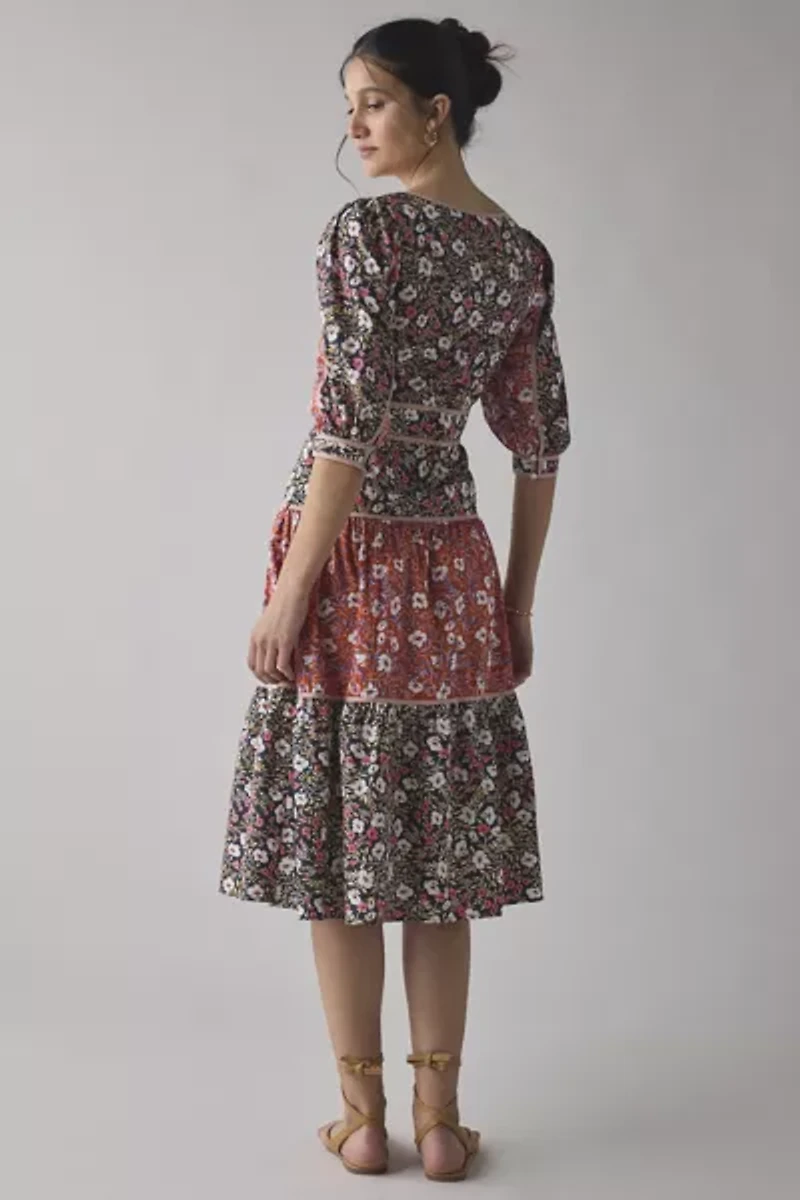 Glamorous Mixed Vintage Floral Square Neck Tiered Midi Dress