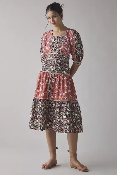 Glamorous Mixed Vintage Floral Square Neck Tiered Midi Dress