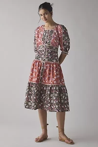 Glamorous Mixed Vintage Floral Square Neck Tiered Midi Dress