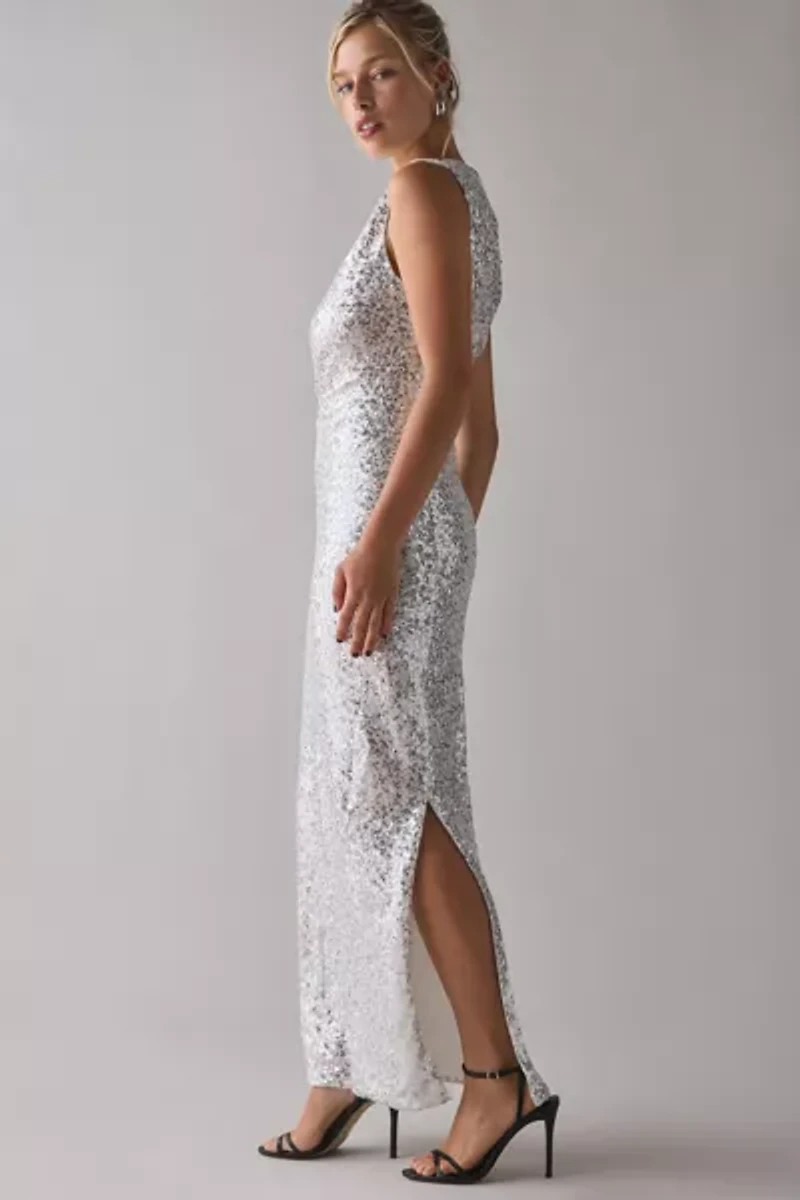 Glamorous Silver Sequin Asymmetric Ruched Maxi Dress