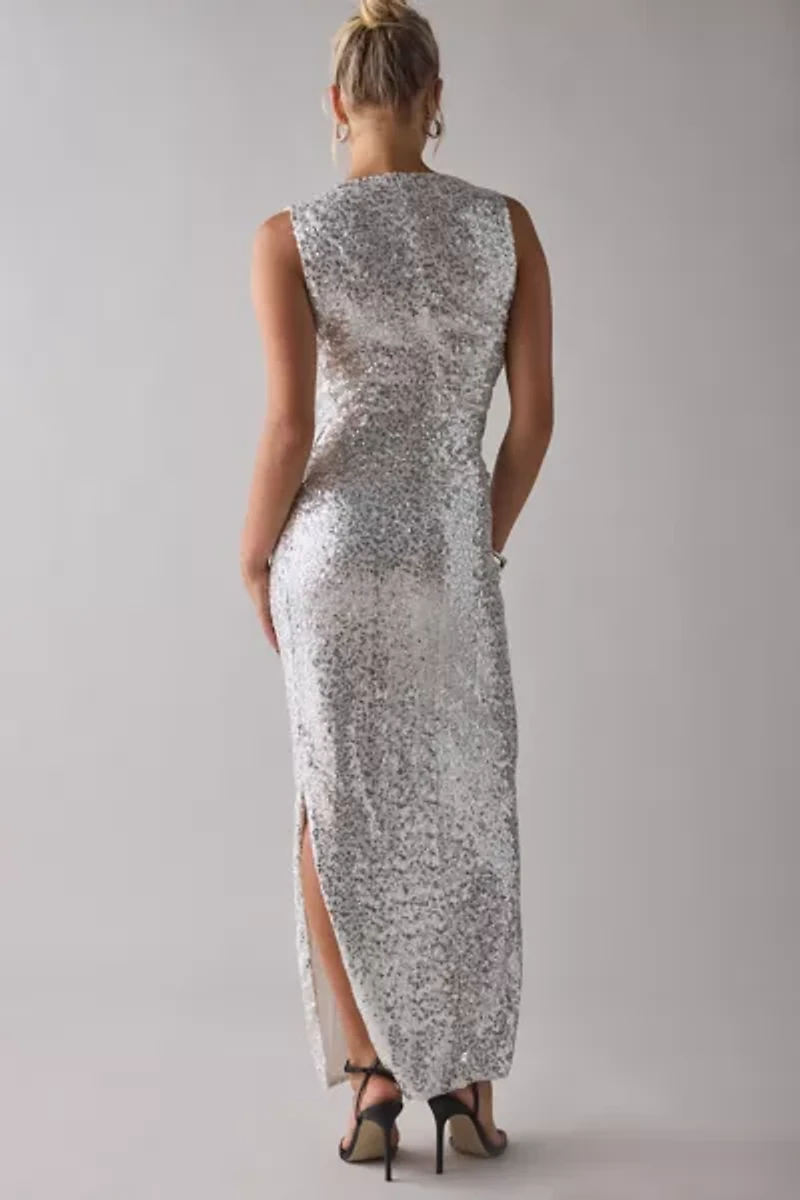 Glamorous Silver Sequin Asymmetric Ruched Maxi Dress