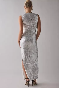Glamorous Silver Sequin Asymmetric Ruched Maxi Dress