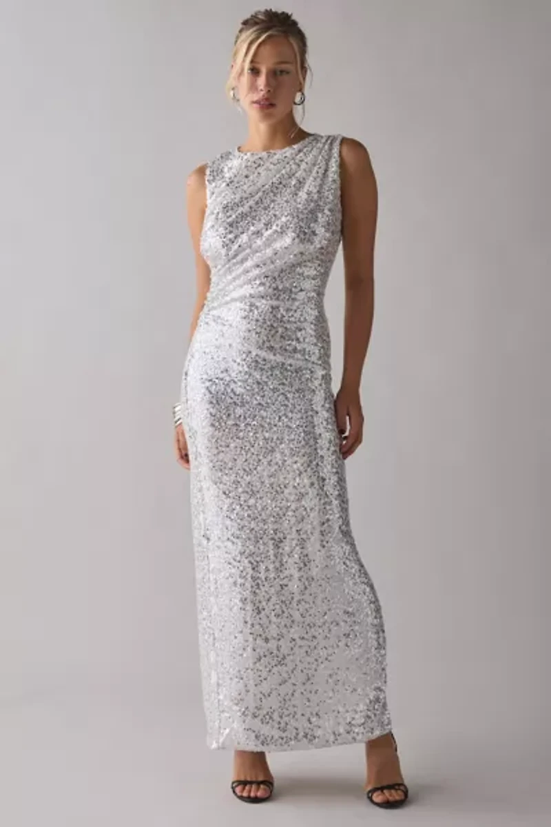 Glamorous Silver Sequin Asymmetric Ruched Maxi Dress