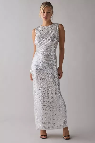 Glamorous Silver Sequin Asymmetric Ruched Maxi Dress