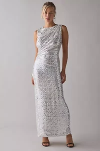 Glamorous Silver Sequin Asymmetric Ruched Maxi Dress