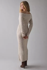 Glamorous Stone Marled Ribbed Knit Off-The-Shoulder Maxi Dress