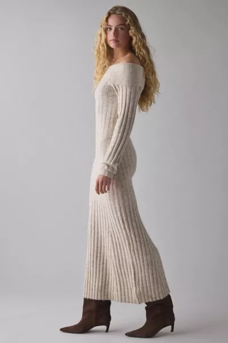 Glamorous Stone Marled Ribbed Knit Off-The-Shoulder Maxi Dress