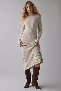 Glamorous Stone Marled Ribbed Knit Off-The-Shoulder Maxi Dress