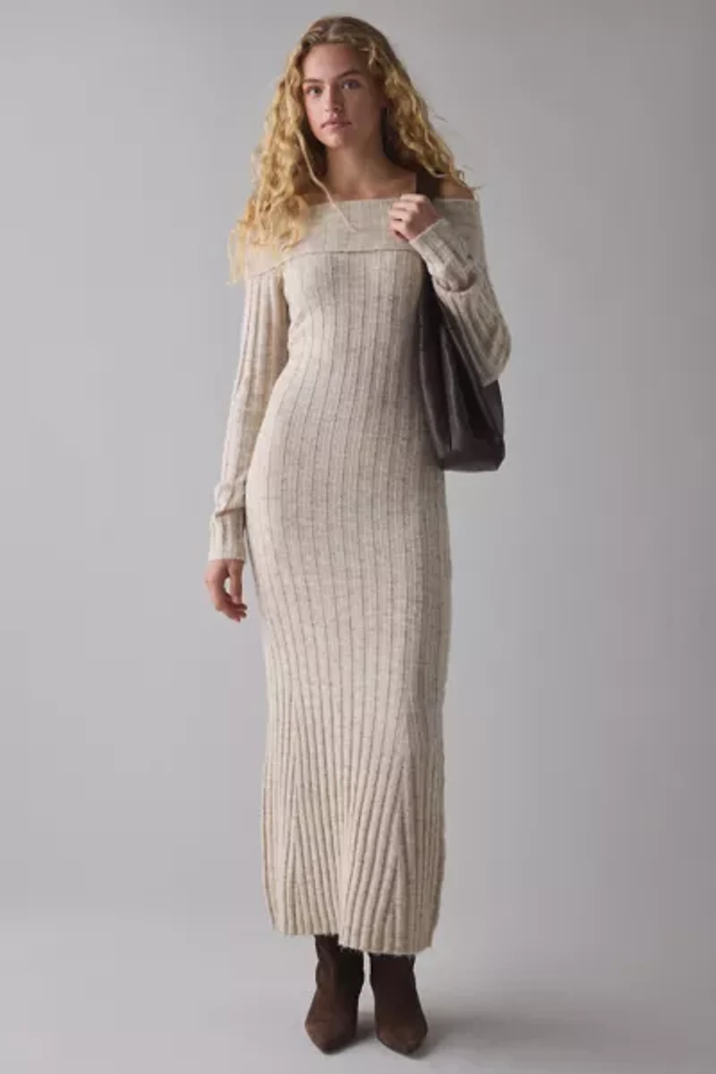 Glamorous Stone Marled Ribbed Knit Off-The-Shoulder Maxi Dress