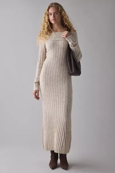Glamorous Stone Marled Ribbed Knit Off-The-Shoulder Maxi Dress