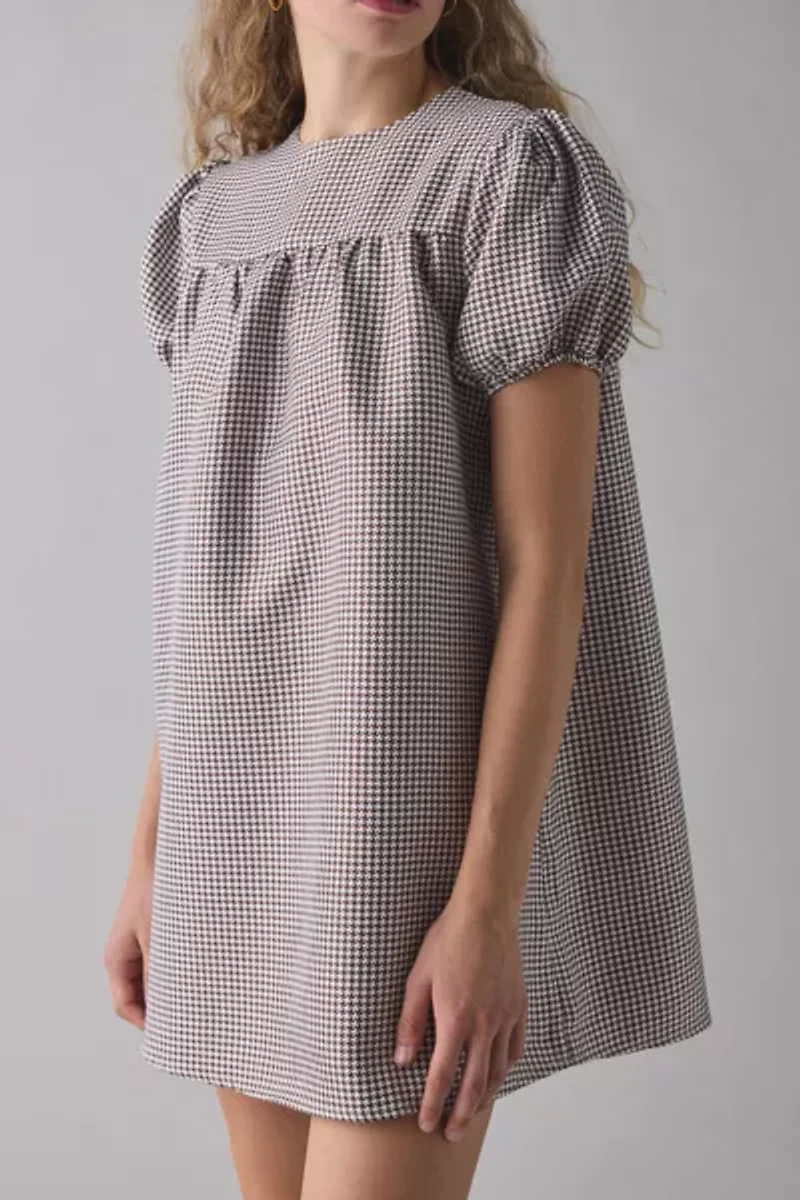 Glamorous Brown Gingham Puff Sleeve Babydoll Mini Dress