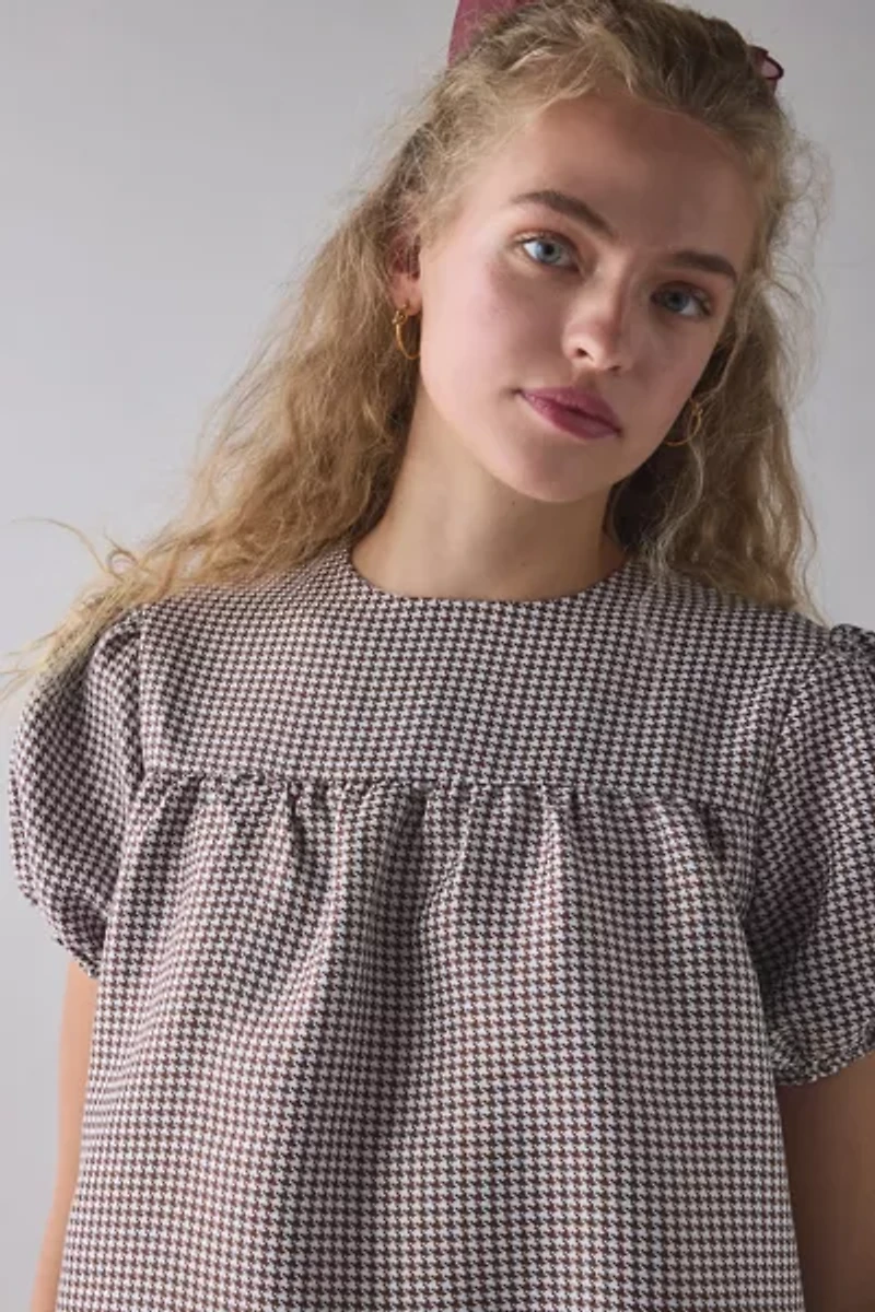 Glamorous Brown Gingham Puff Sleeve Babydoll Mini Dress