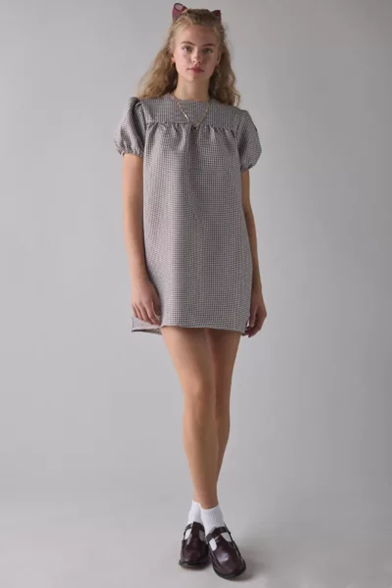 Glamorous Brown Gingham Puff Sleeve Babydoll Mini Dress