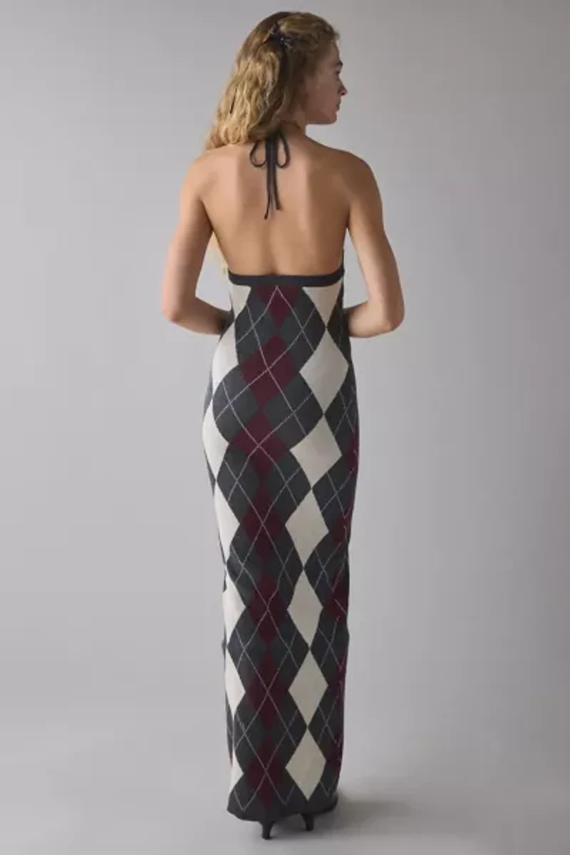 Glamorous Charcoal Argyle Knit High Neck Halter Maxi Dress