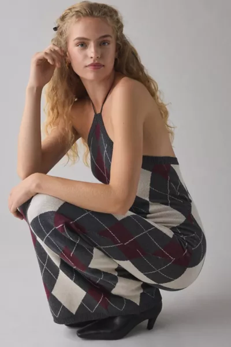 Glamorous Charcoal Argyle Knit High Neck Halter Maxi Dress