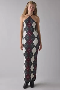 Glamorous Charcoal Argyle Knit High Neck Halter Maxi Dress