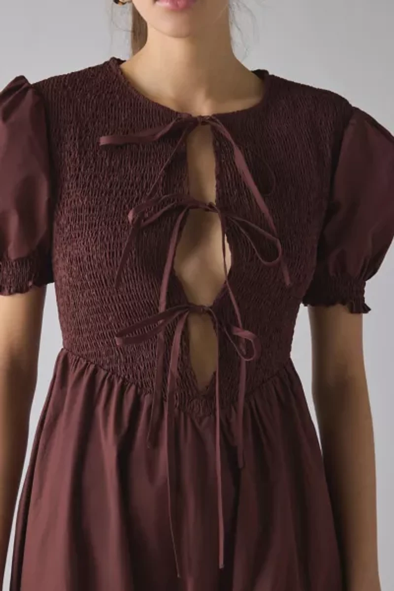 Glamorous Puff Sleeve Tie-Front Smocked Midi Dress