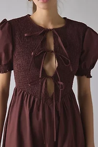 Glamorous Puff Sleeve Tie-Front Smocked Midi Dress