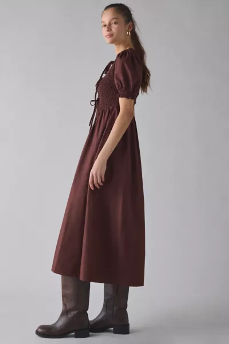 Glamorous Puff Sleeve Tie-Front Smocked Midi Dress