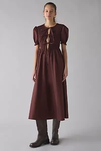 Glamorous Puff Sleeve Tie-Front Smocked Midi Dress