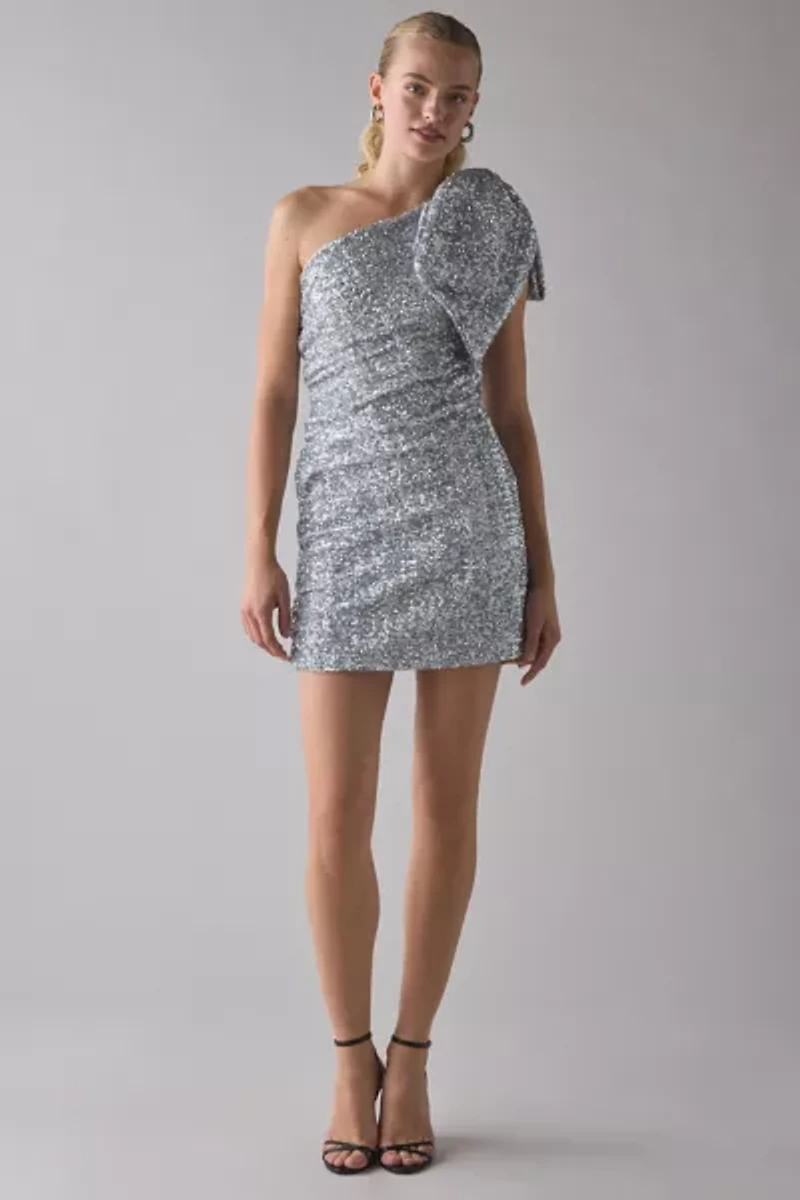 Glamorous Silver Sequin One-Shoulder Bow Mini Dress