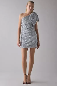 Glamorous Silver Sequin One-Shoulder Bow Mini Dress