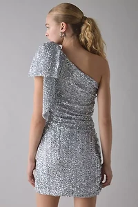 Glamorous Silver Sequin One-Shoulder Bow Mini Dress