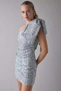 Glamorous Silver Sequin One-Shoulder Bow Mini Dress