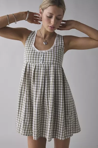 Daisy Street Gingham Lace Trim Babydoll Mini Dress