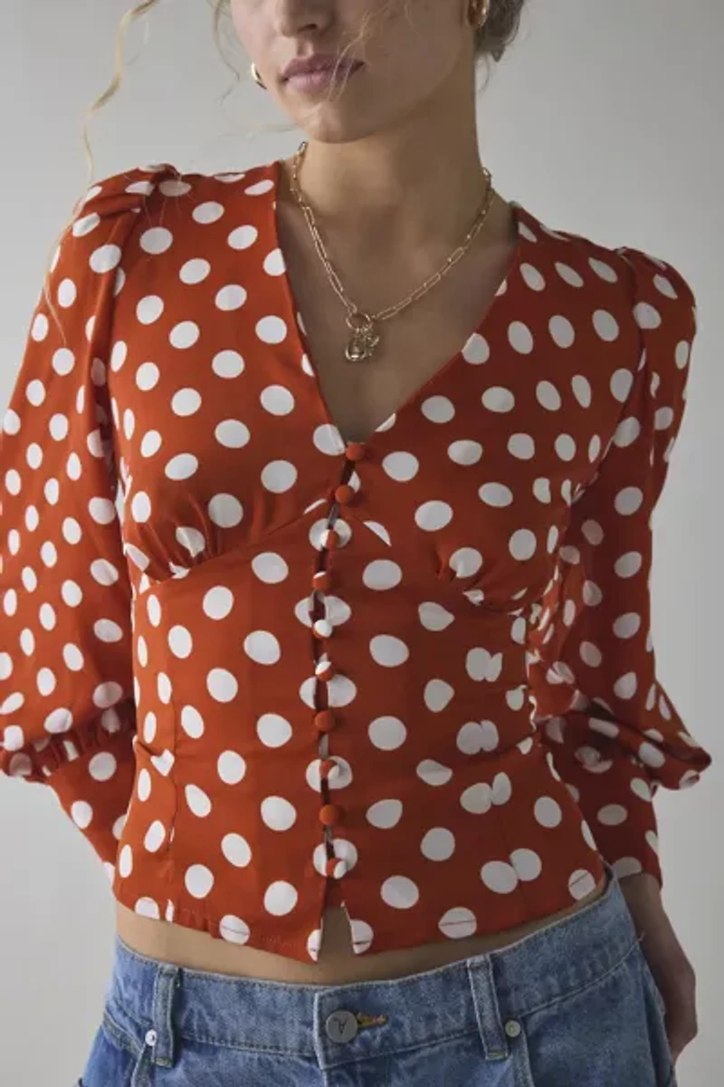 Glamorous Rusty White Polka Dot Puff Sleeve Blouse