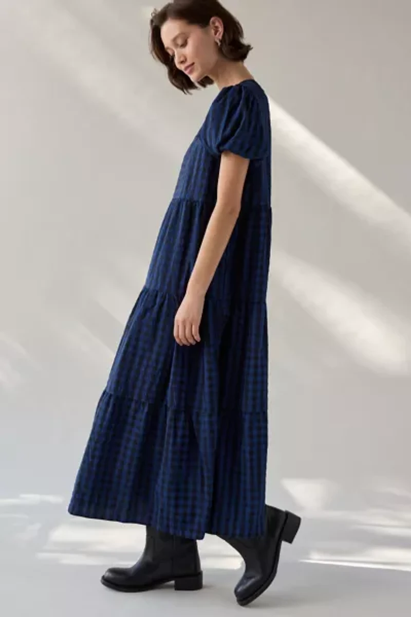 Daisy Street Plaid Puff Sleeve Tiered Smock Midi Dress