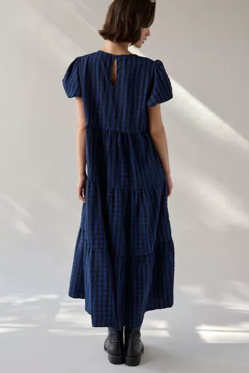 Daisy Street Plaid Puff Sleeve Tiered Smock Midi Dress