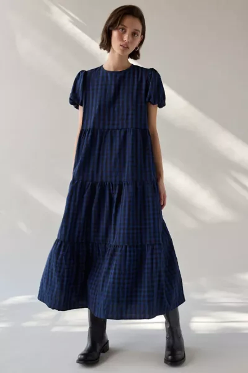 Daisy Street Plaid Puff Sleeve Tiered Smock Midi Dress