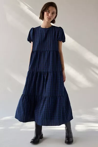 Daisy Street Plaid Puff Sleeve Tiered Smock Midi Dress