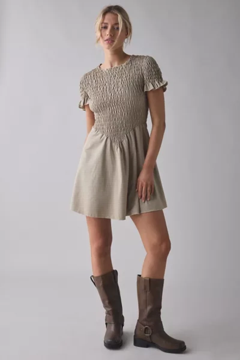 Daisy Street Gingham Basque Waist Shirred Mini Dress