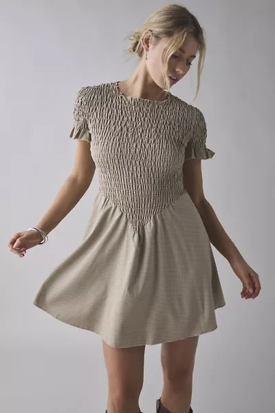 Daisy Street Gingham Basque Waist Shirred Mini Dress