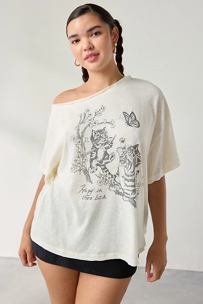 Kimchi Blue Courtney Cat Graphic Off-The-Shoulder Oversized Tee