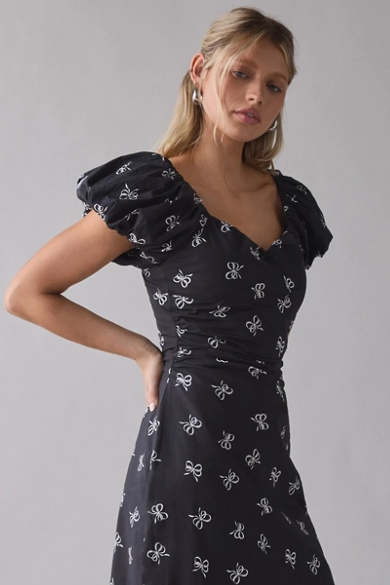 En Saison Ophelia Lace-Up Open Back Puff Sleeve Midi Dress