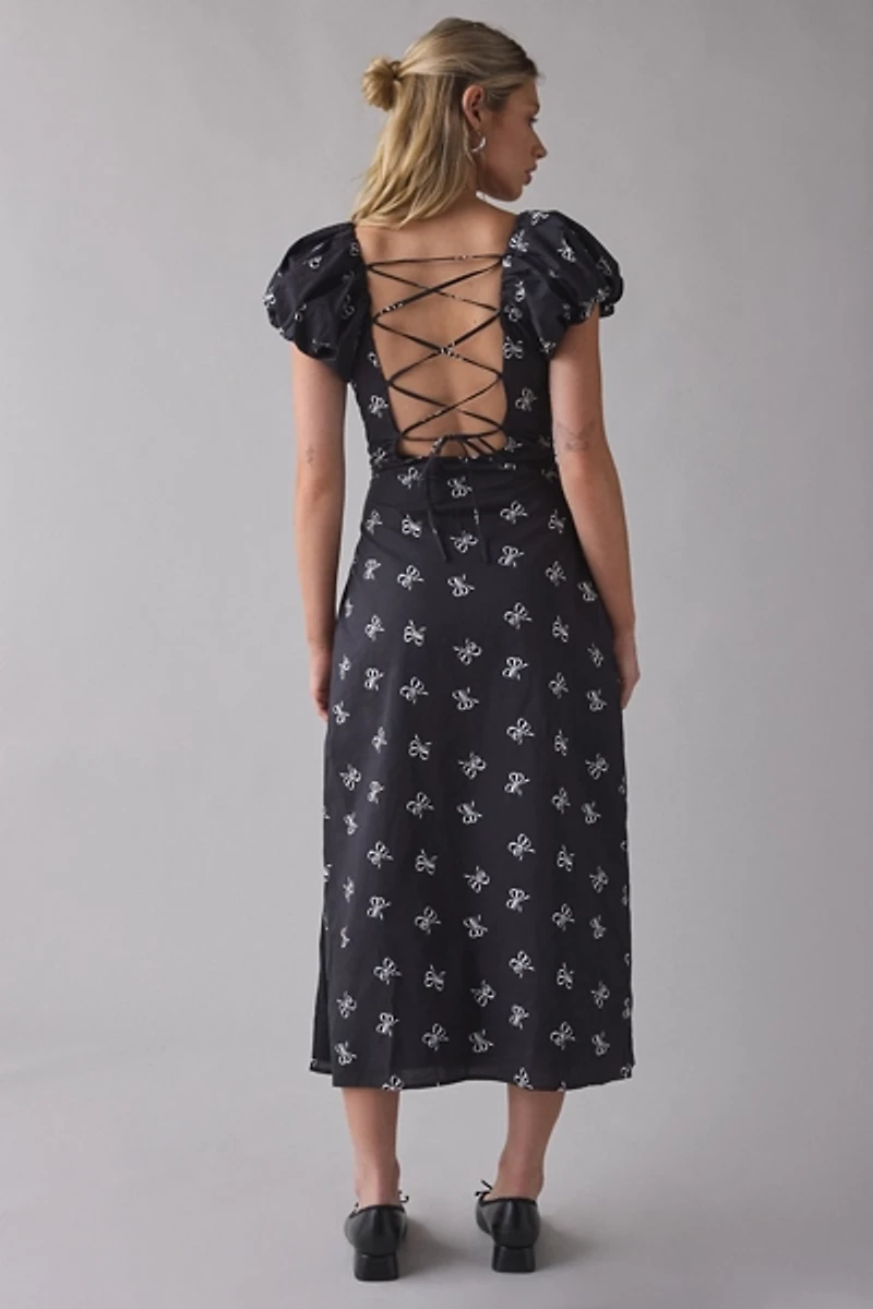 En Saison Ophelia Lace-Up Open Back Puff Sleeve Midi Dress