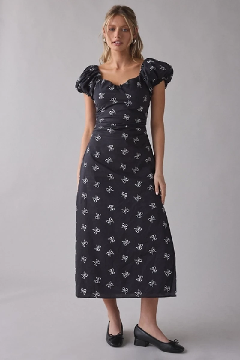 En Saison Ophelia Lace-Up Open Back Puff Sleeve Midi Dress