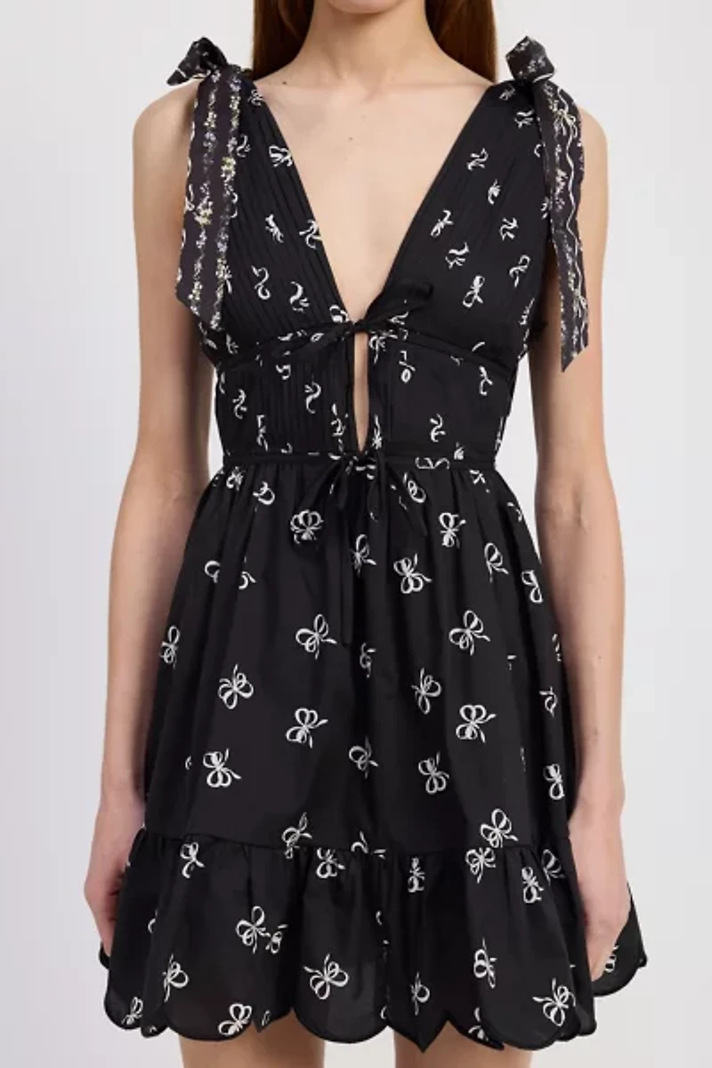 En Saison Ophelia Plunging Tie-Front Bow Strap Mini Dress