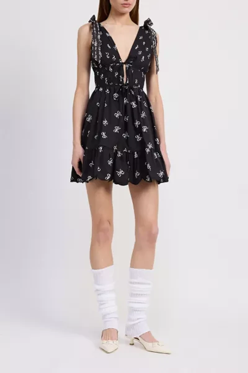 En Saison Ophelia Plunging Tie-Front Bow Strap Mini Dress