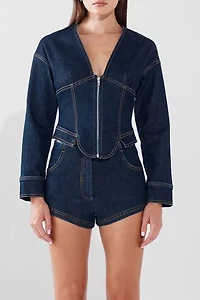 BY.DYLN Maxine Long Sleeve Zip-Front Denim Corset Top